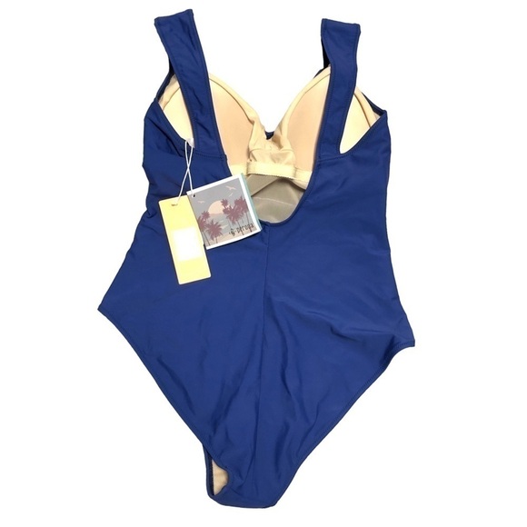 NWT - PERONA - Solid Blue Tank Style Modest V-Neck One-Piece Swimsuit - Size 14 - Picture 2 of 11